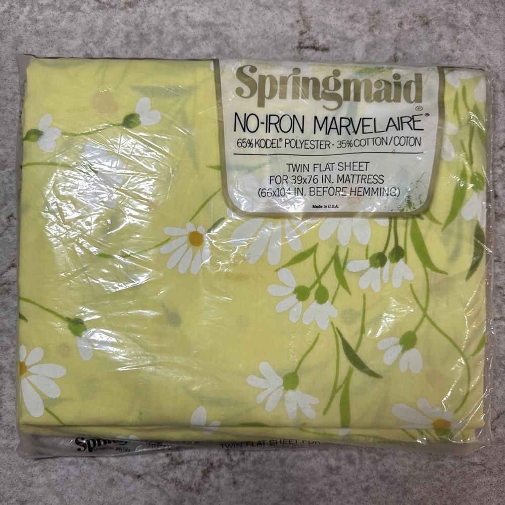 Vintage Springmaid Yellow Spring Daisy Floral Twin Flat Sheet Marvelaire 1970s